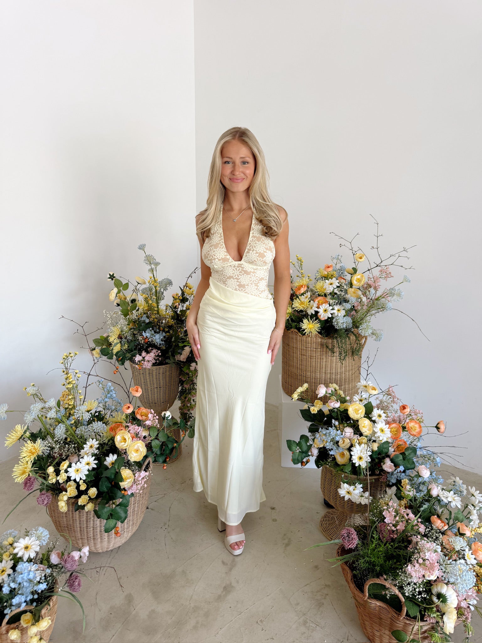 LINA HALTER DRAPED MAXI DRESS - LEMON