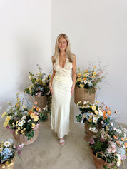 LINA HALTER DRAPED MAXI DRESS - LEMON