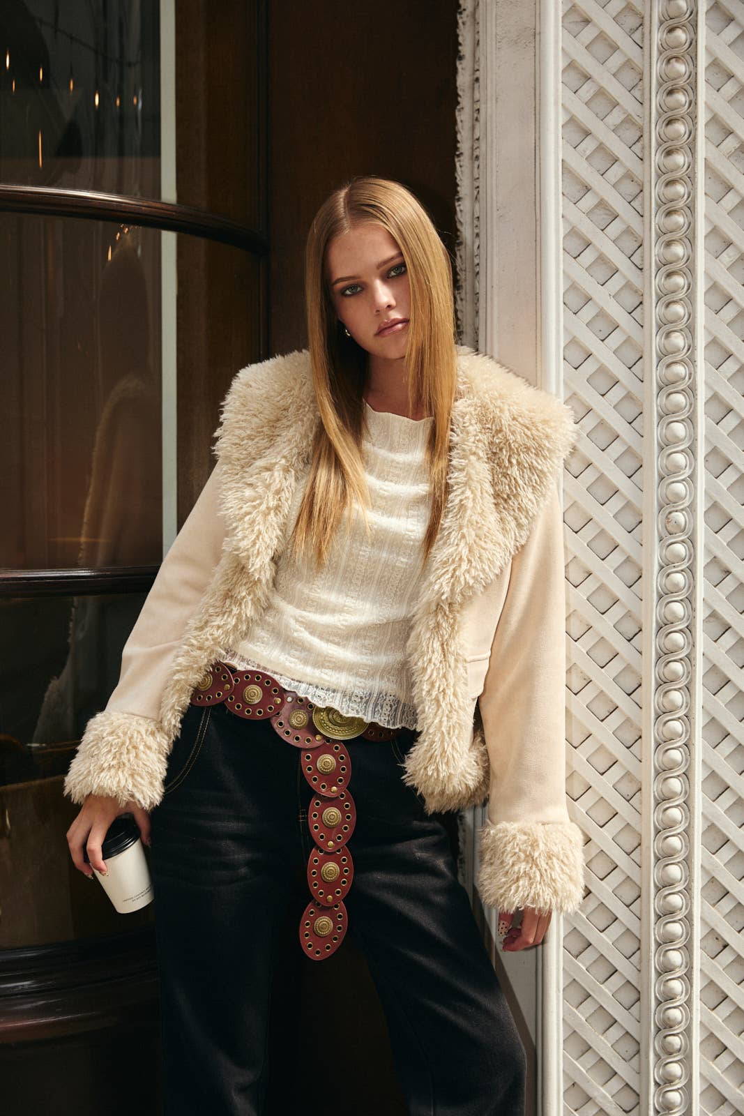 FAUX FUR TRIMMED SUEDE JACKET: Beige