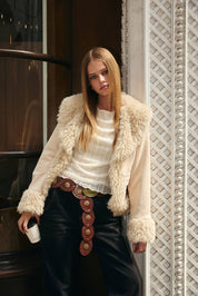 FAUX FUR TRIMMED SUEDE JACKET: Beige