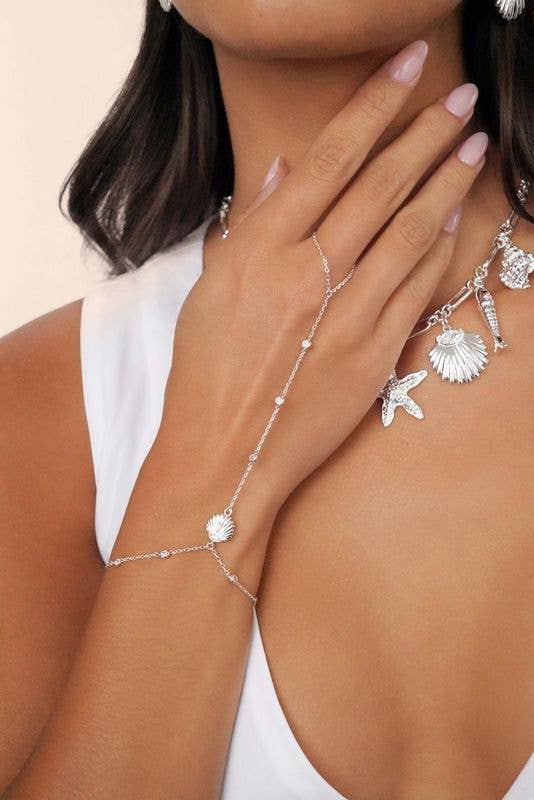 Santorini Shell Hand Chain: Clear Crystal with Silver Plating / One Size