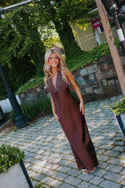 Polka Dot Halter Satin Maxi in Coffee Brown