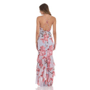 Mesh Floral Ruffle Fishtail Maxi Dress in Blue
