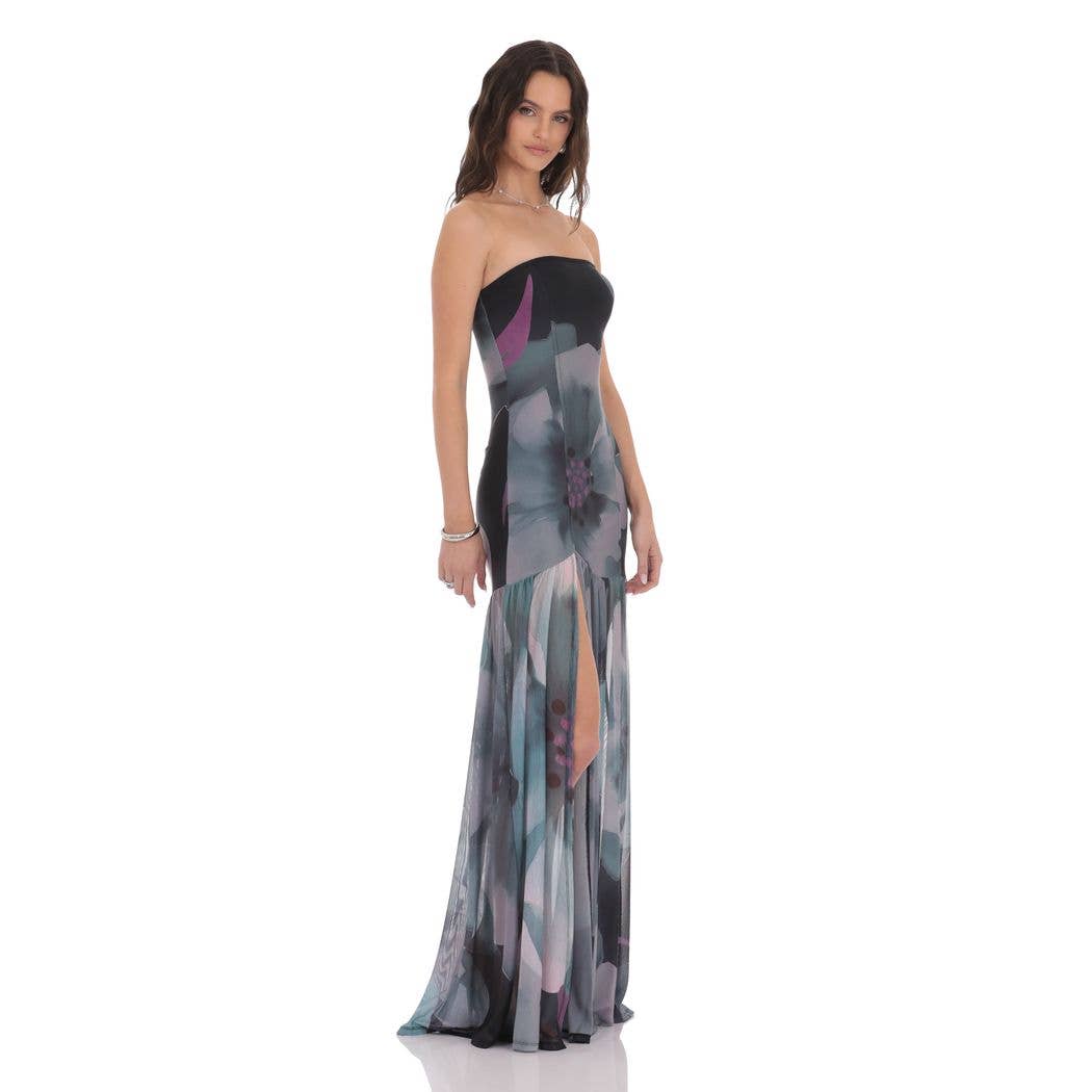 Foral Mesh Strapless Maxi Dress in Navy