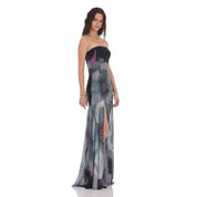 Foral Mesh Strapless Maxi Dress in Navy