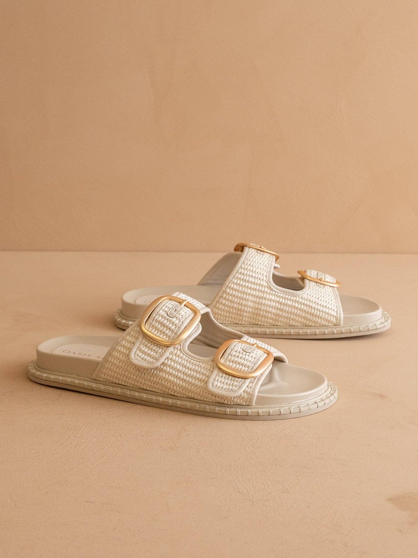 The Daytona | Ivory Two-Tone Raffia Gold Buckle Sandal