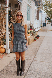 Bethany Smocked Romper Brown/Blue Plaid