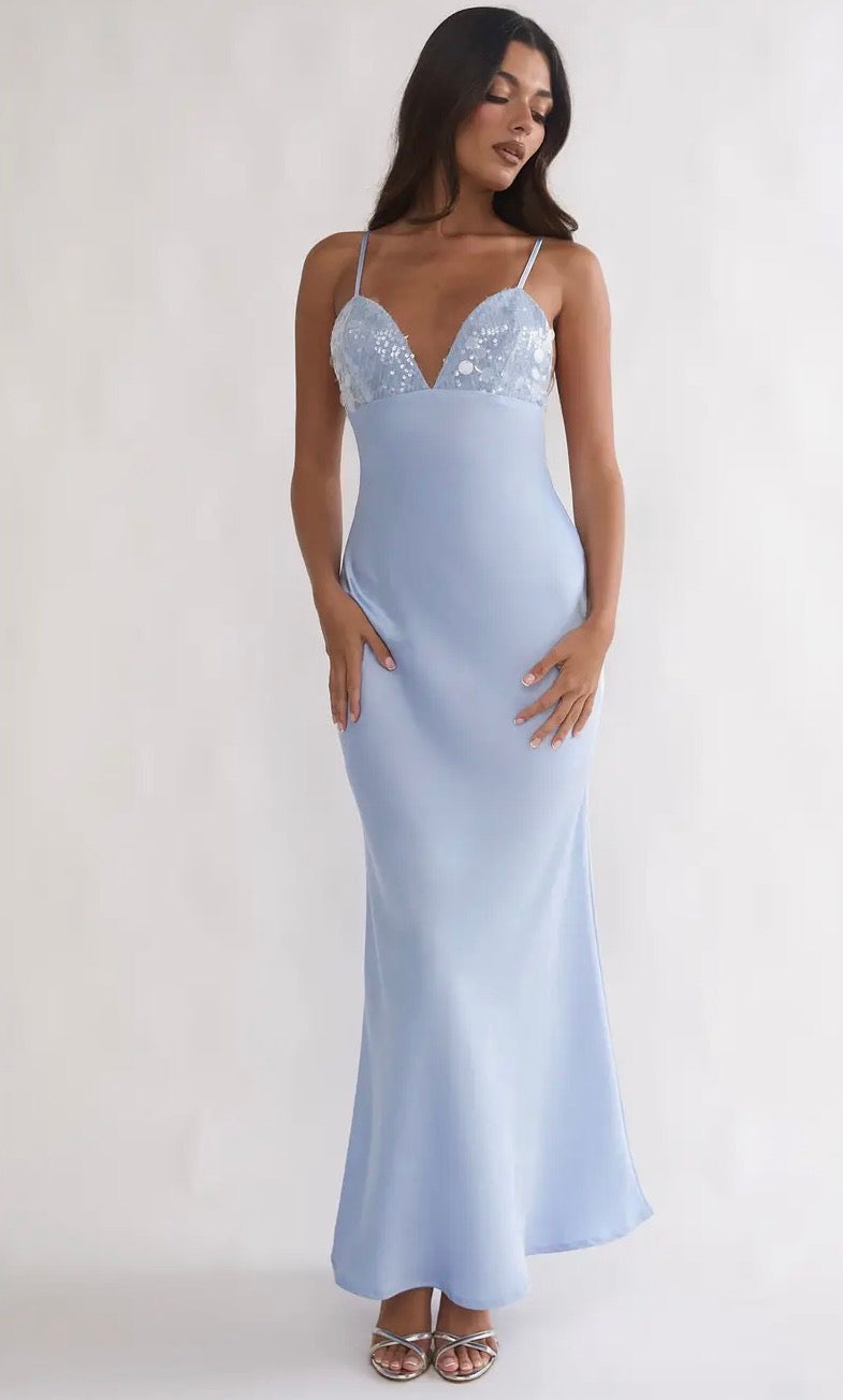 Deep Sequin Maxi Dress in Baby Blue