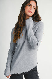 Thermal Knit Lettuce Edge Long Sleeve Top in Heather Grey