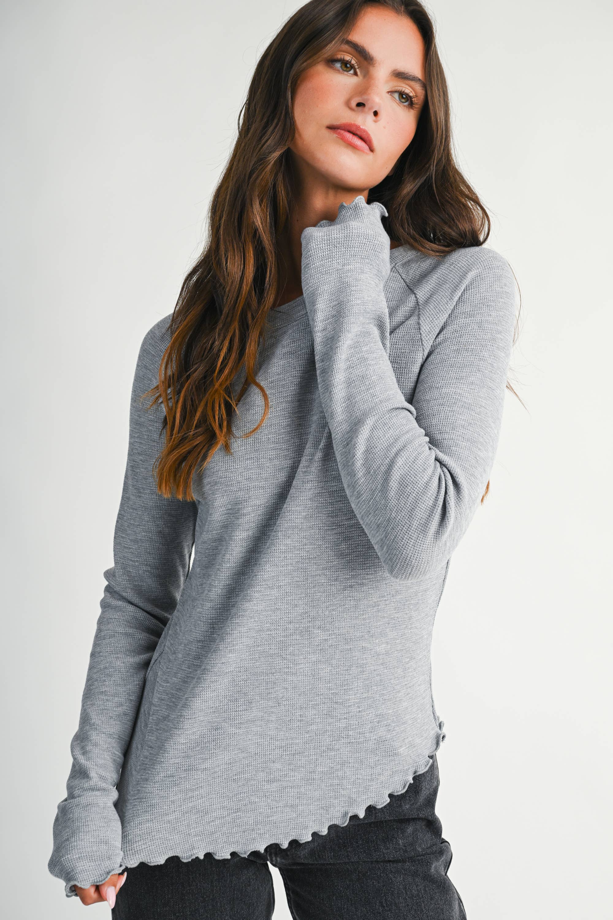Thermal Knit Lettuce Edge Long Sleeve Top in Heather Grey