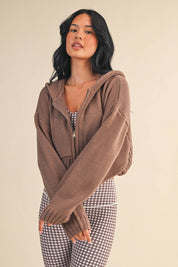 Knit Zip Up Hoodie Sweater: Brown