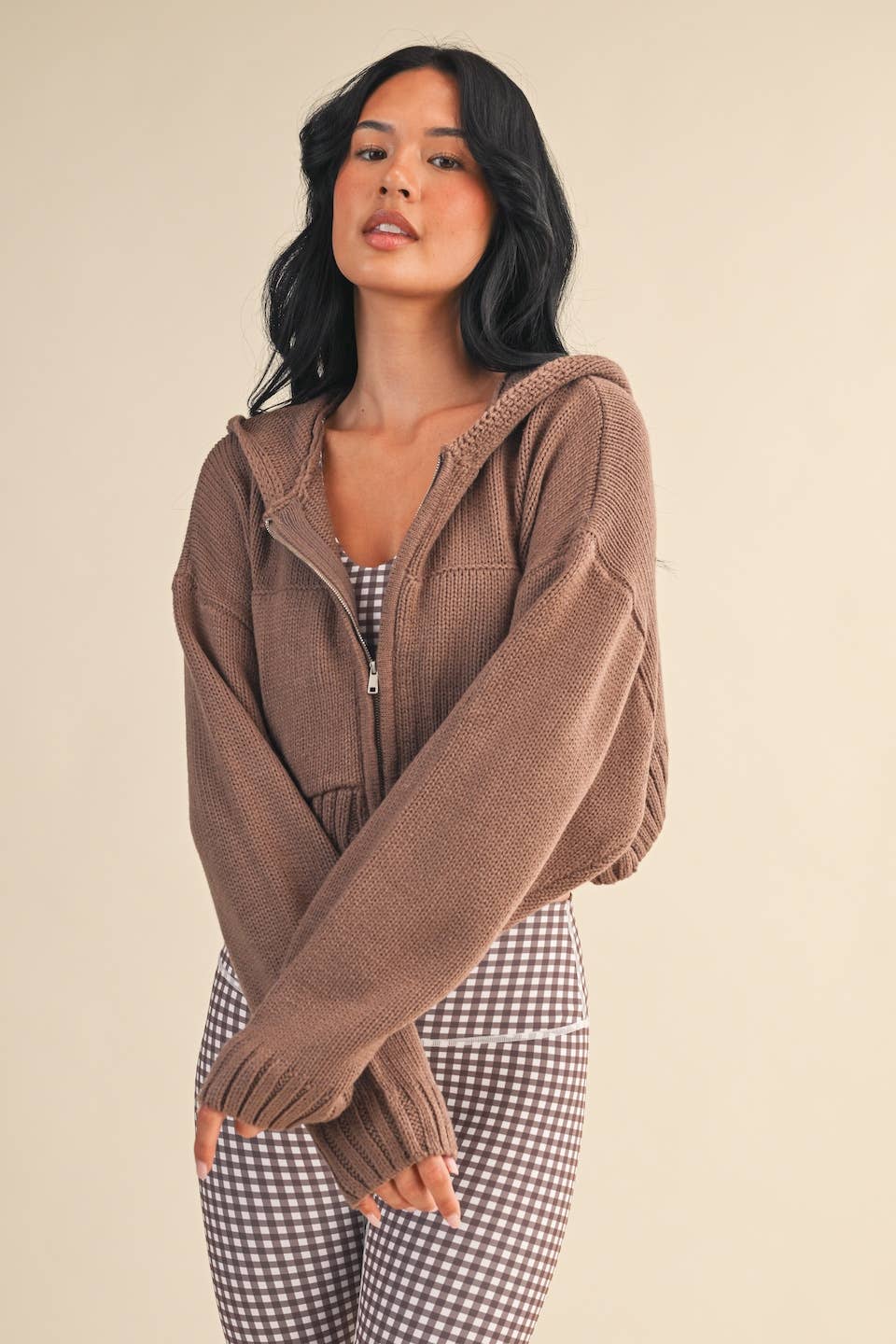 Knit Zip Up Hoodie Sweater Pink