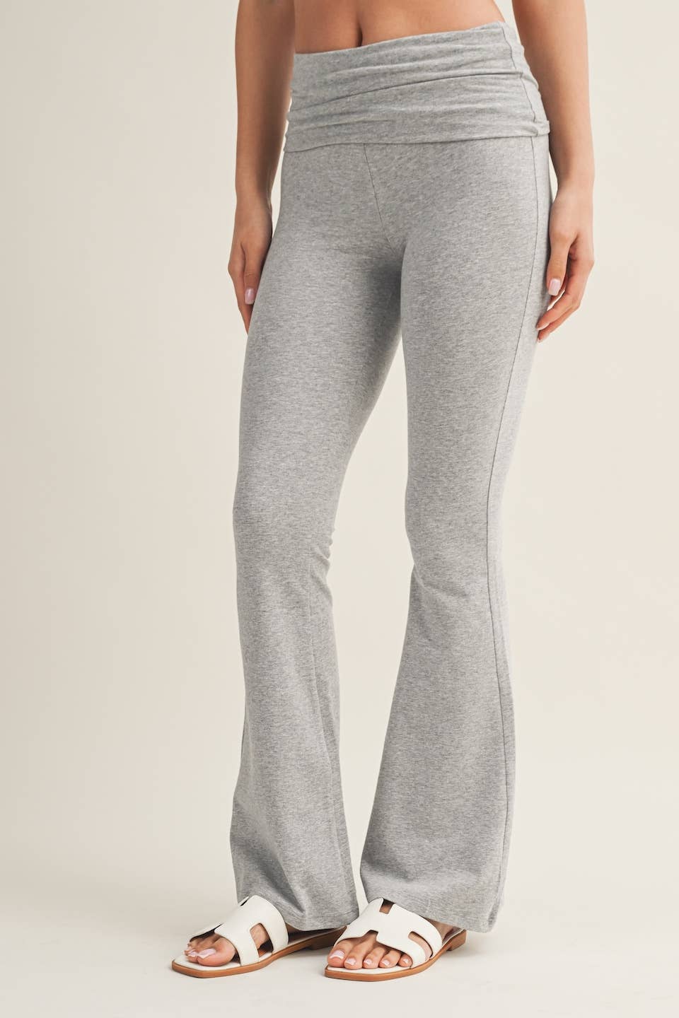 Soft Heathered Knit Foldover Flare Pants: Heather Grey