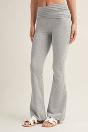 Soft Heathered Knit Foldover Flare Pants: Heather Grey