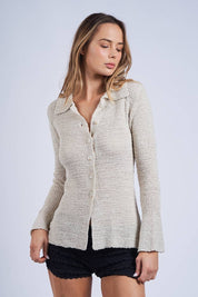 Collared Knit Sweater Cardigan in Sand