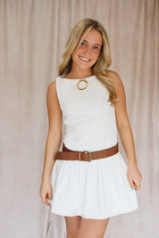 Cream Denim Drop Waist Mini