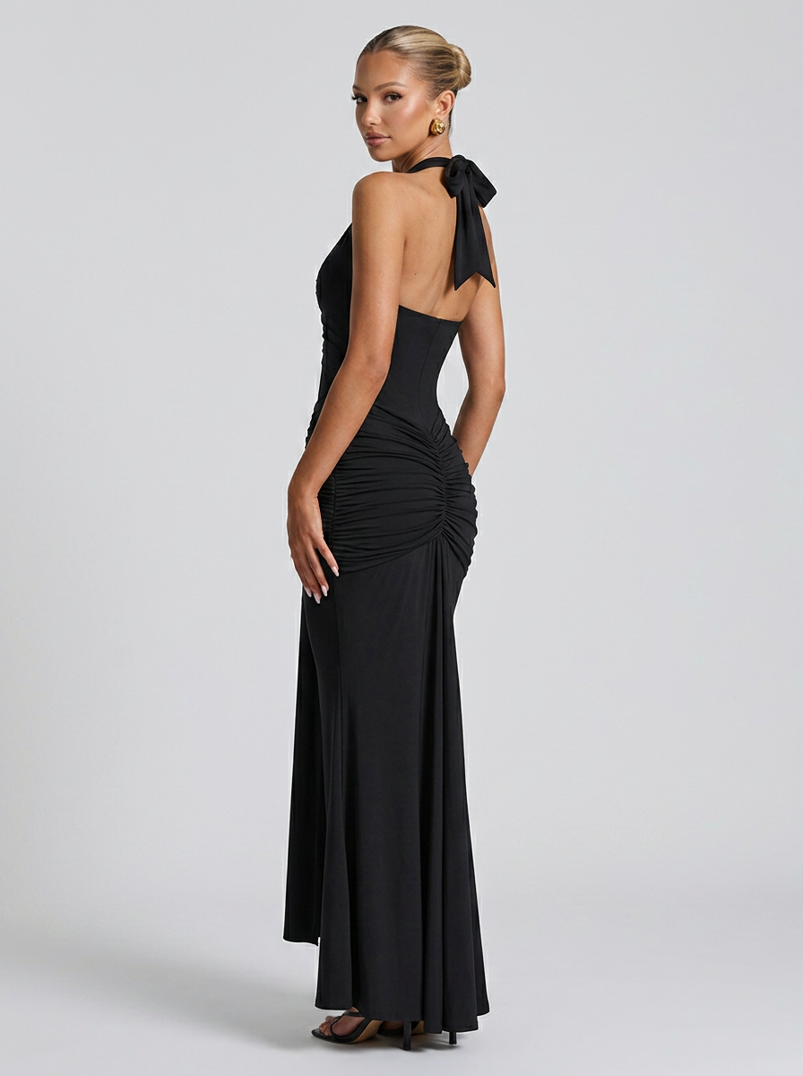Ruched Plunge Halter Maxi Dress with Side Ruched Details: Brown