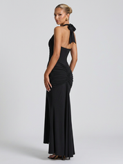 Ruched Plunge Halter Maxi Dress with Side Ruched Details: Brown
