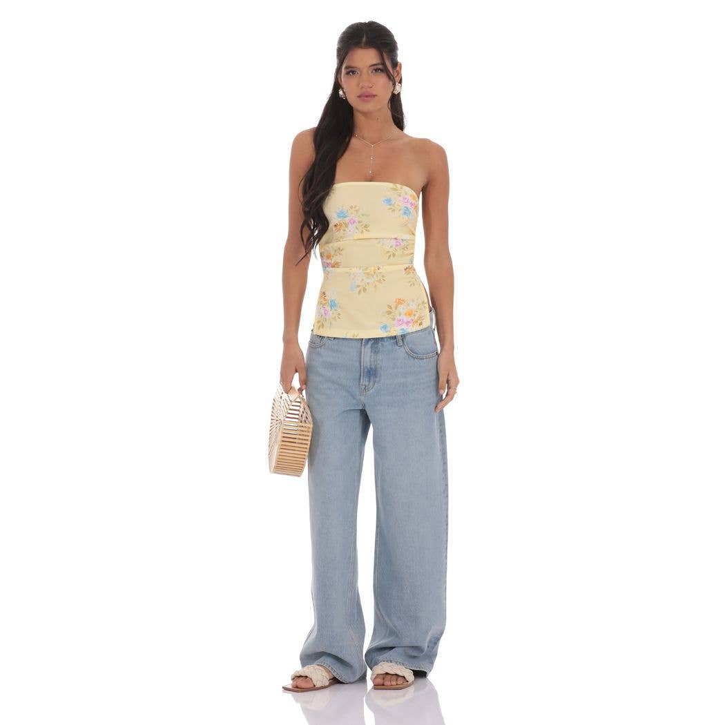 Floral Strapless Double Slit Top in Yellow