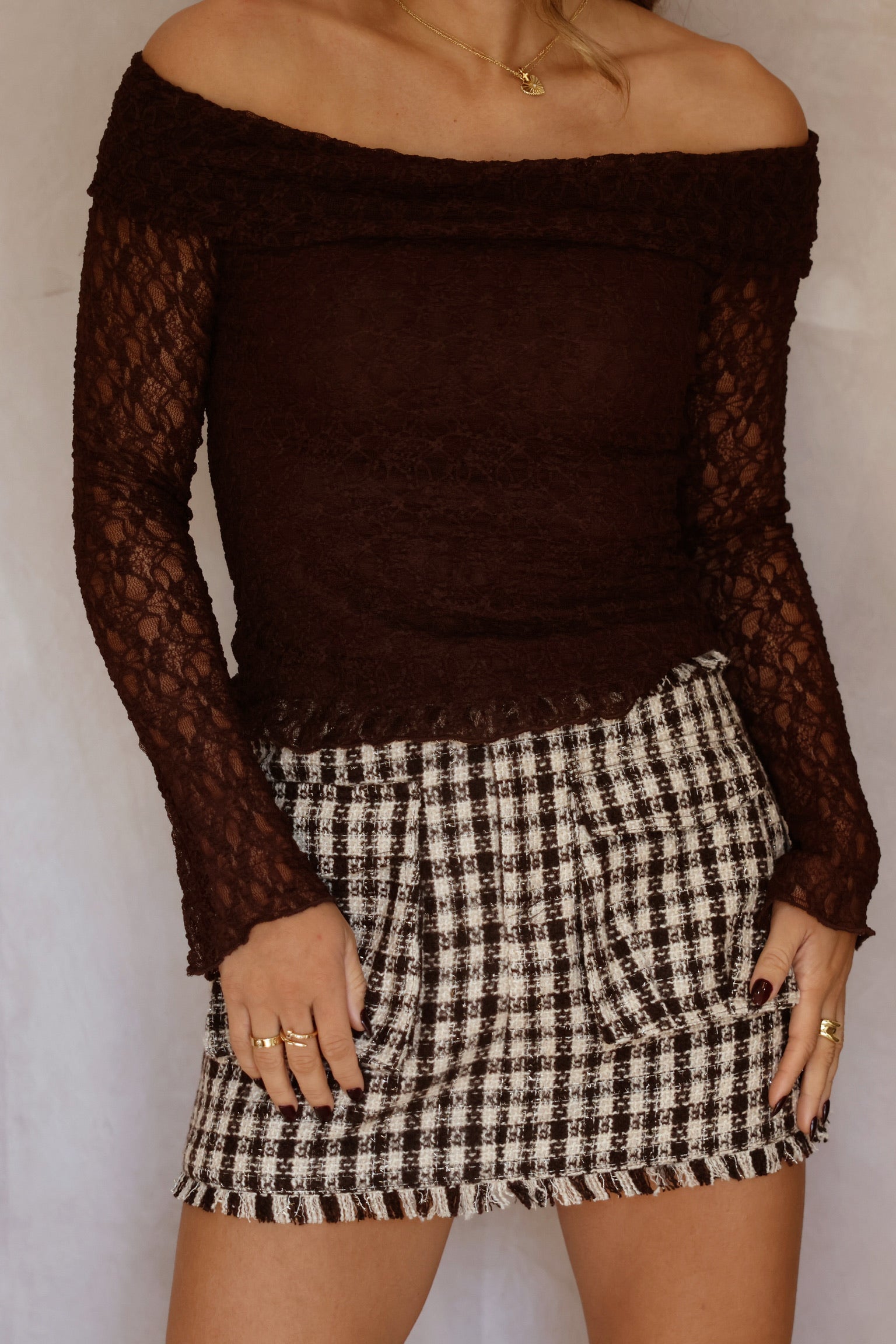 Rafaela Off The Shoulder Lace Top Brown