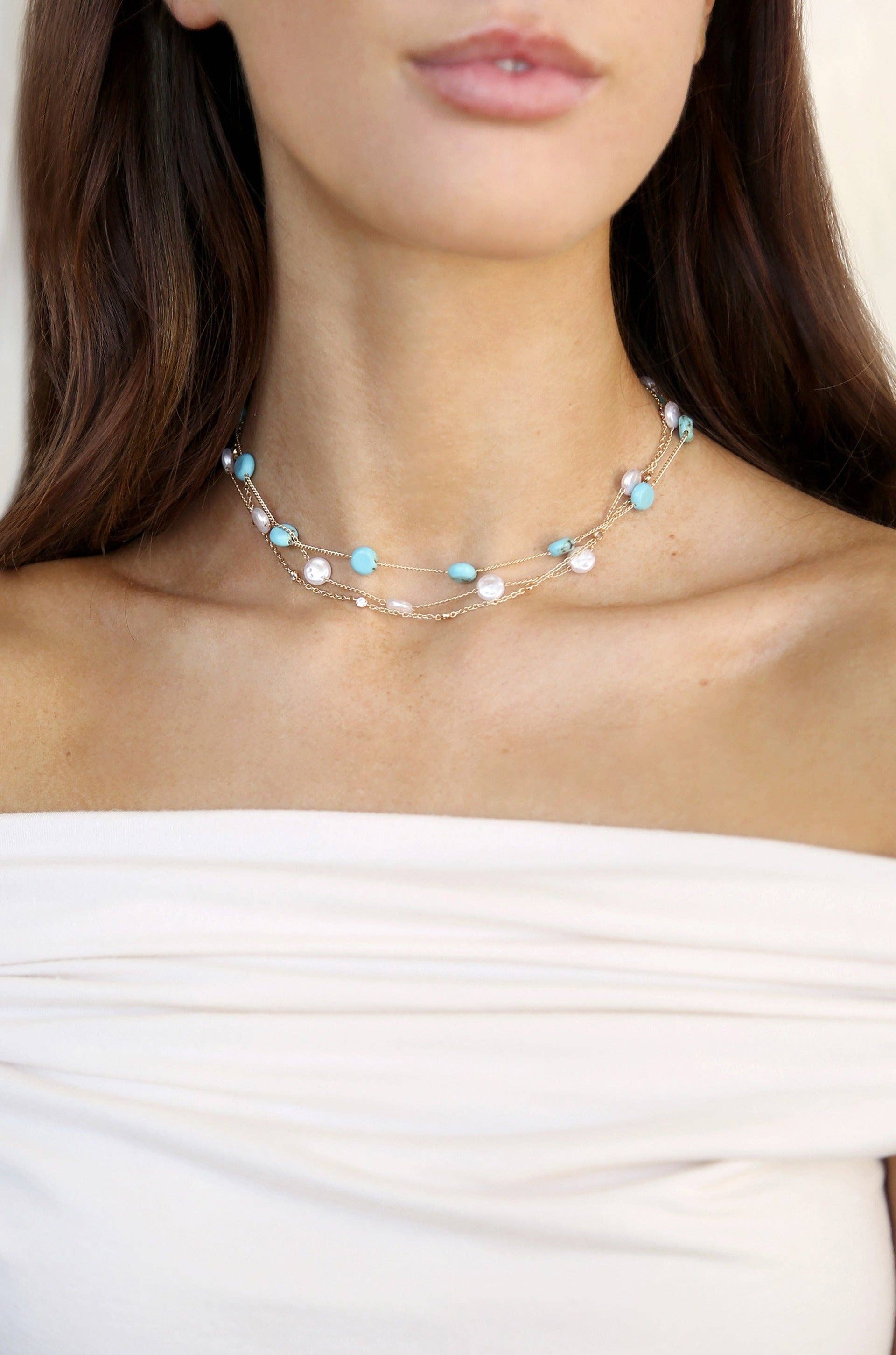 Dressed in Turquoise & Pearls Necklace: Turquoise / One Size