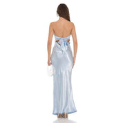 Strapless Satin Open Back Maxi Dress in Light Blue