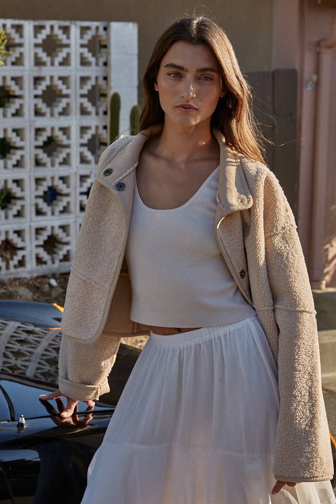 Latte Fleece Bomber Jacket