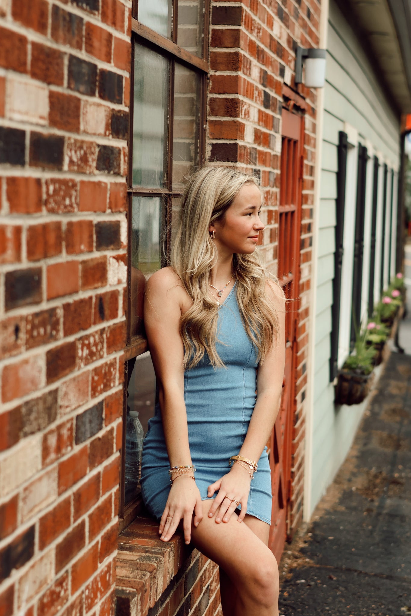 denim rose dress Denim Rose Peplum Rosette Mini Denim Dress in Medium Wash