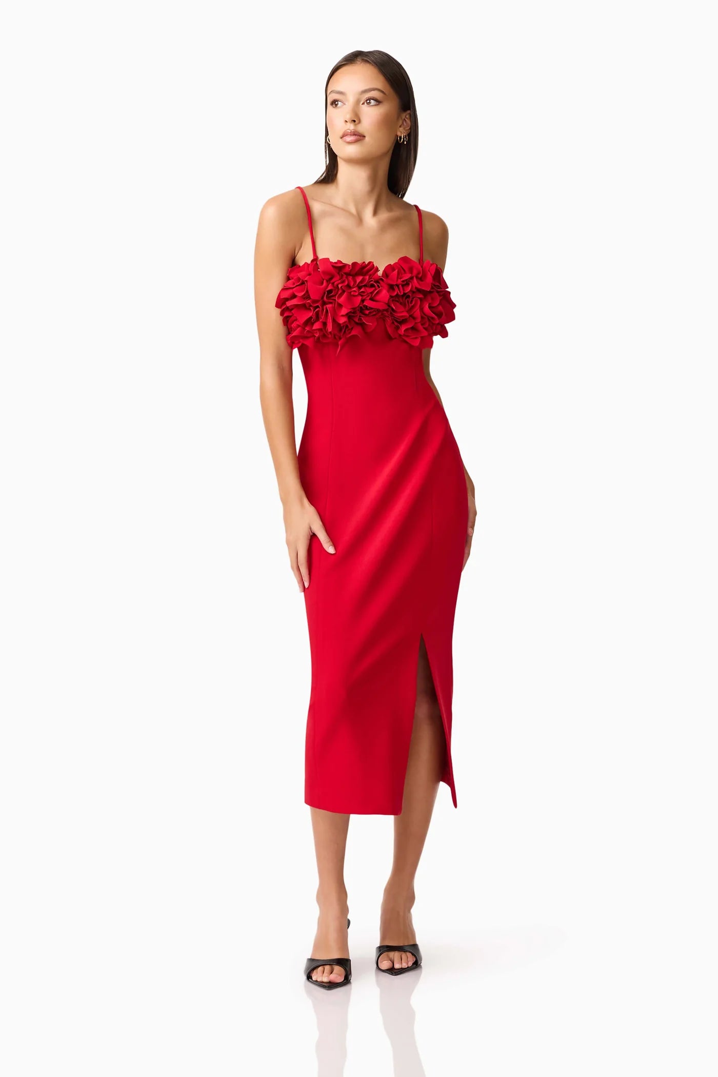 red fitted midi dress The Spaghetti Strap Midi Dress The Standard Stitch