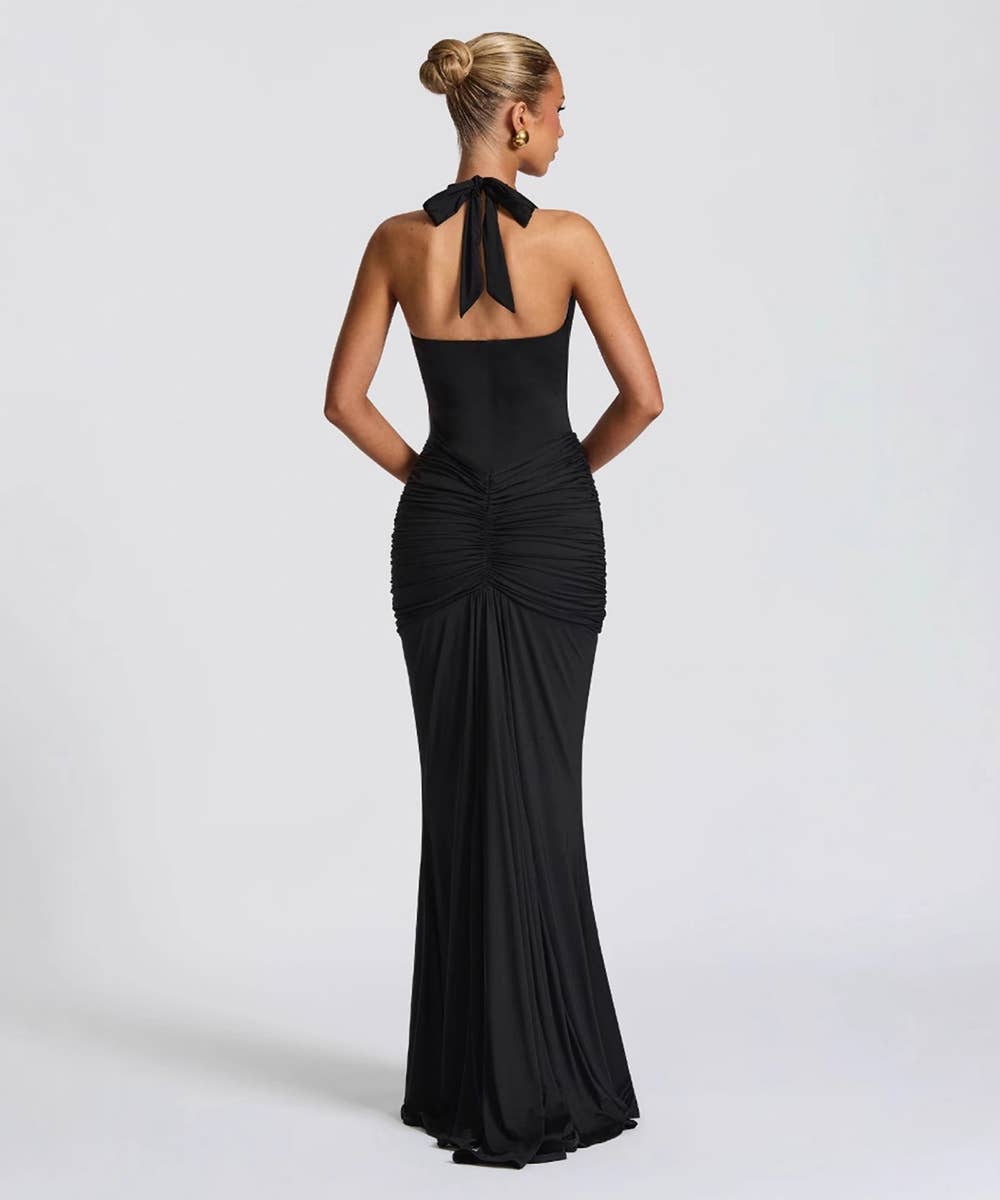 Ruched Plunge Halter Maxi Dress with Side Ruched Details: Brown