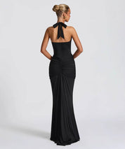 Ruched Plunge Halter Maxi Dress with Side Ruched Details: Brown
