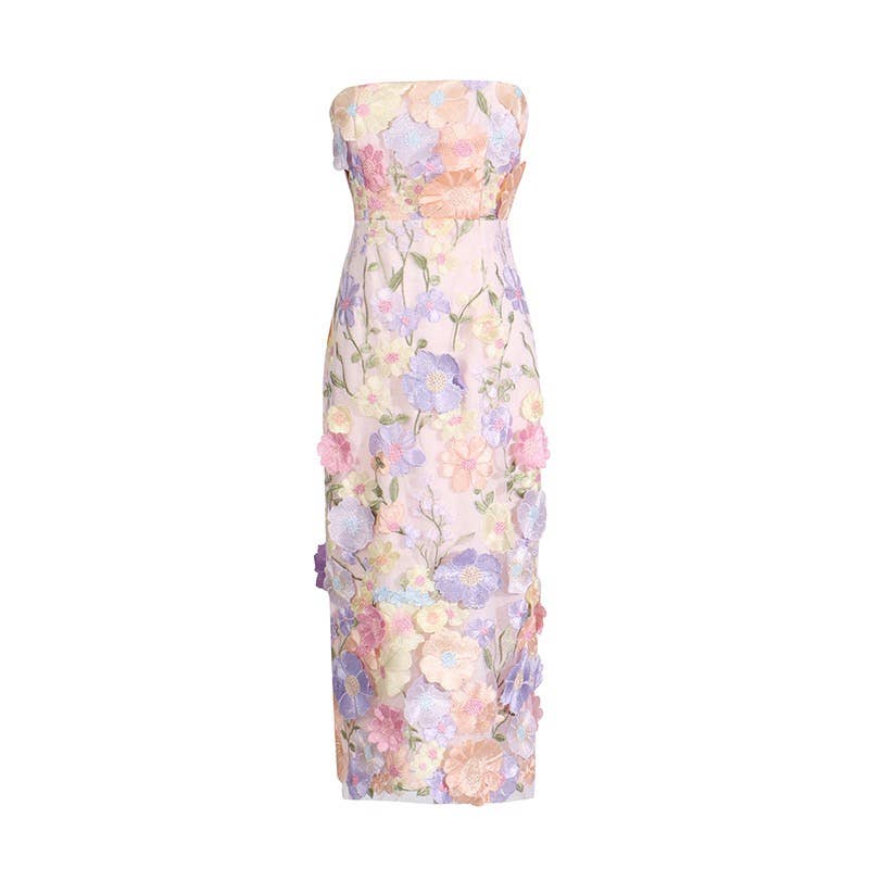 Floral Embroidered Slim Tube Dress in Purple