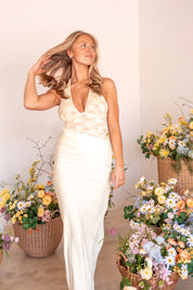 LINA HALTER DRAPED MAXI DRESS - LEMON