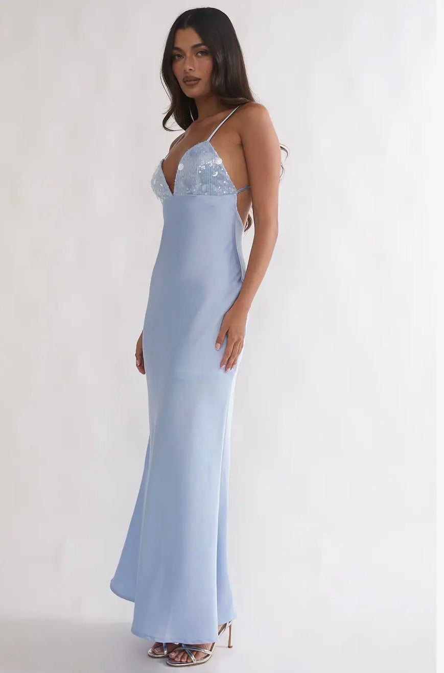 Deep Sequin Maxi Dress in Baby Blue