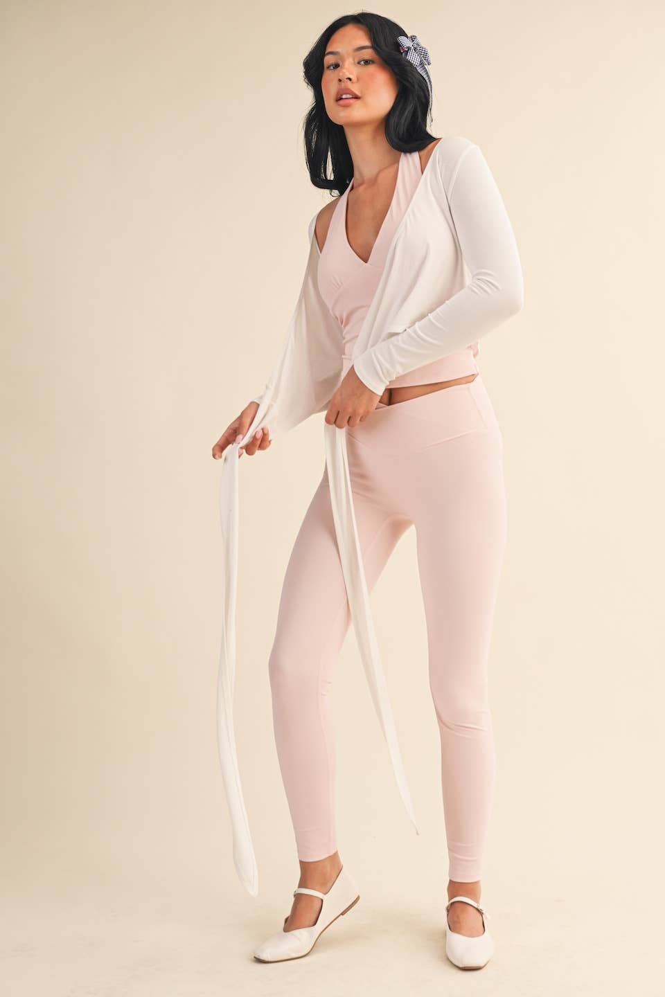 Long Sleeve V Neck Wrap Top: White