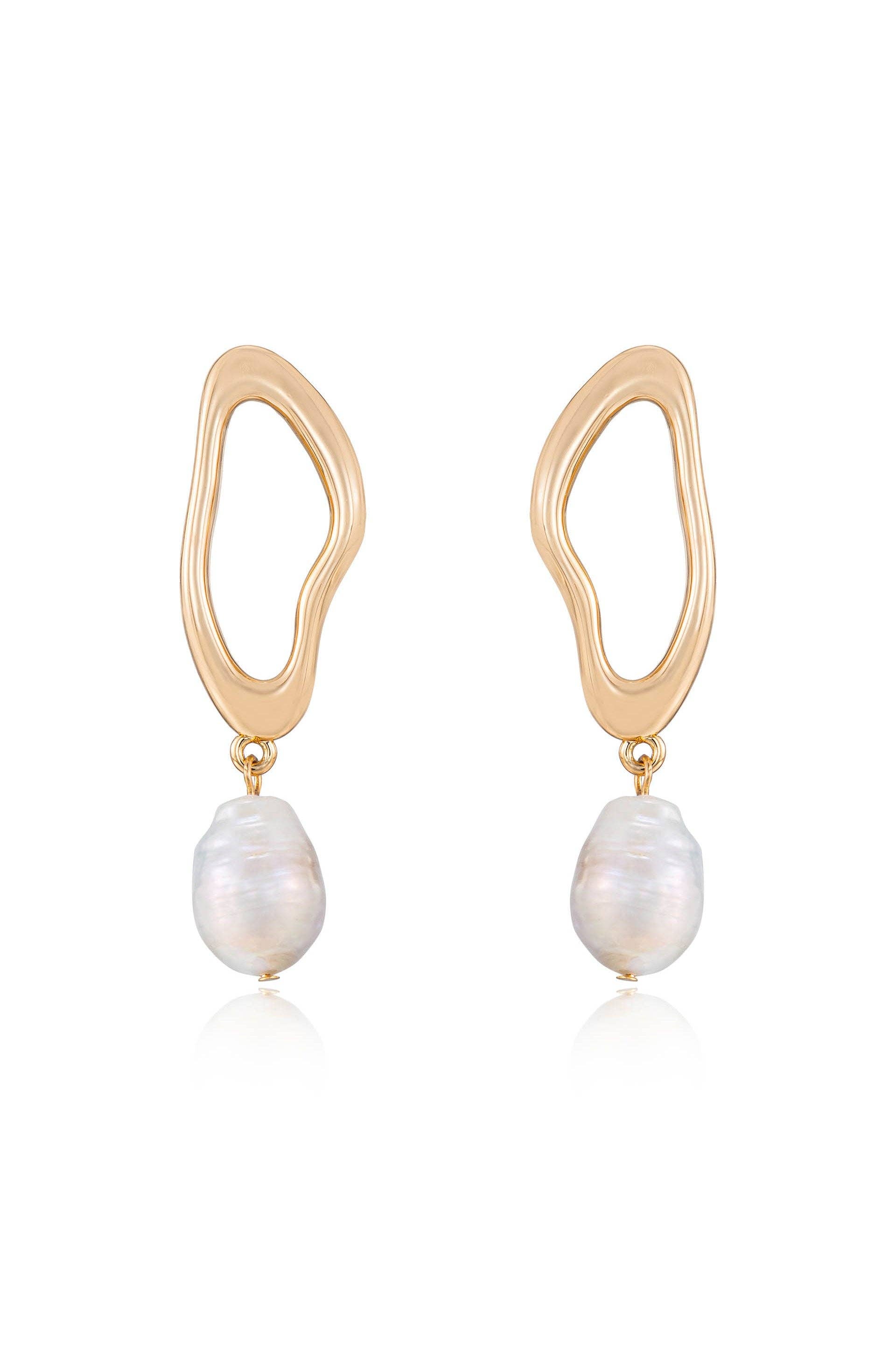 Open Circle Freshwater Pearl Earrings: White Pearl with 18k Gold Plating