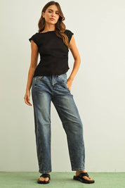 Cap Sleeve Crinkled Top in Black
