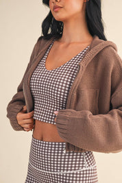 Knit Zip Up Hoodie Sweater: Brown