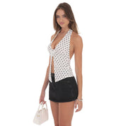 Polka Dot Flower Plunge Neck Top in White
