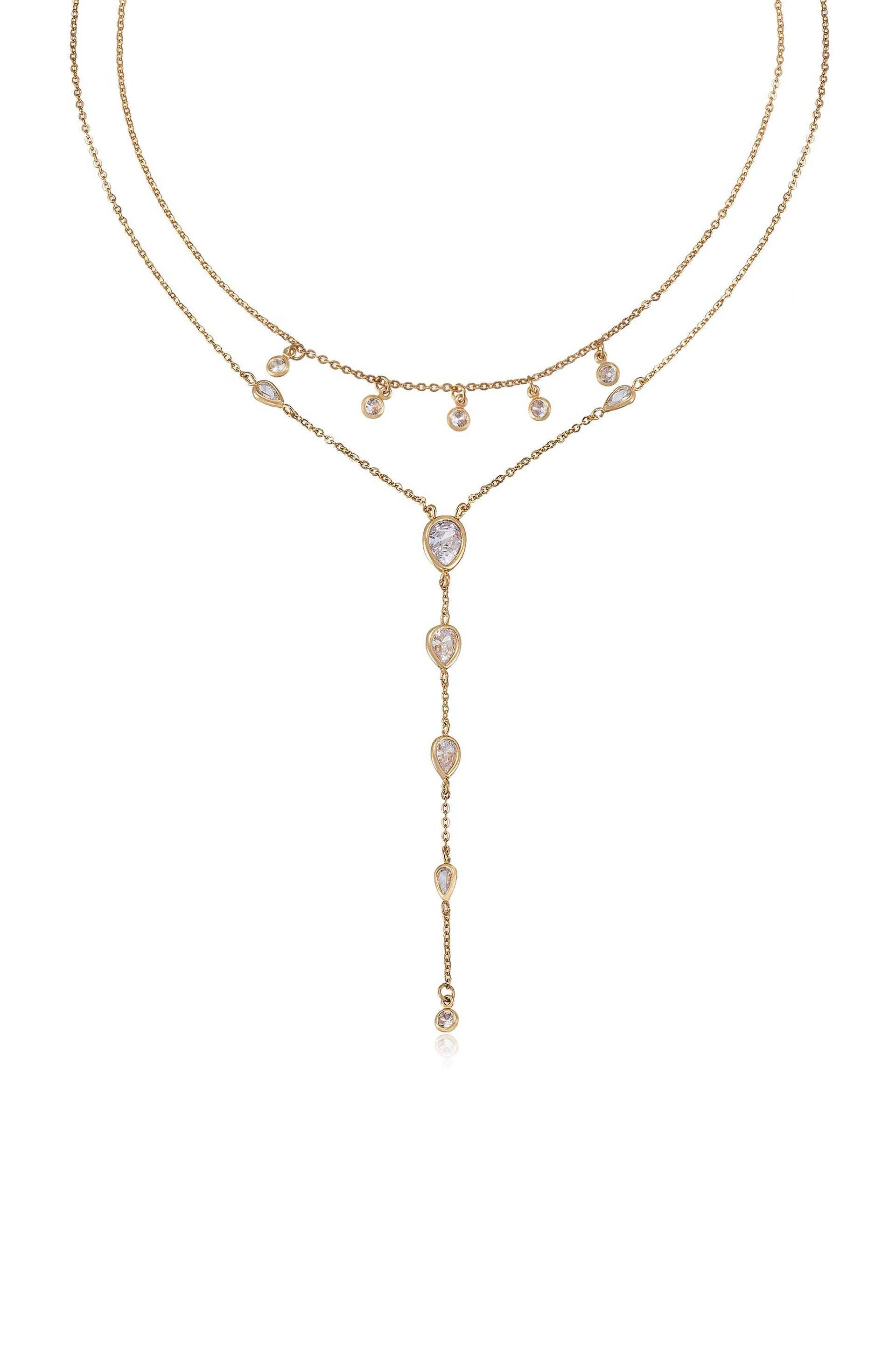 Draped in Bezel Crystal Lariat Necklace Set: Clear Crystals / One Size