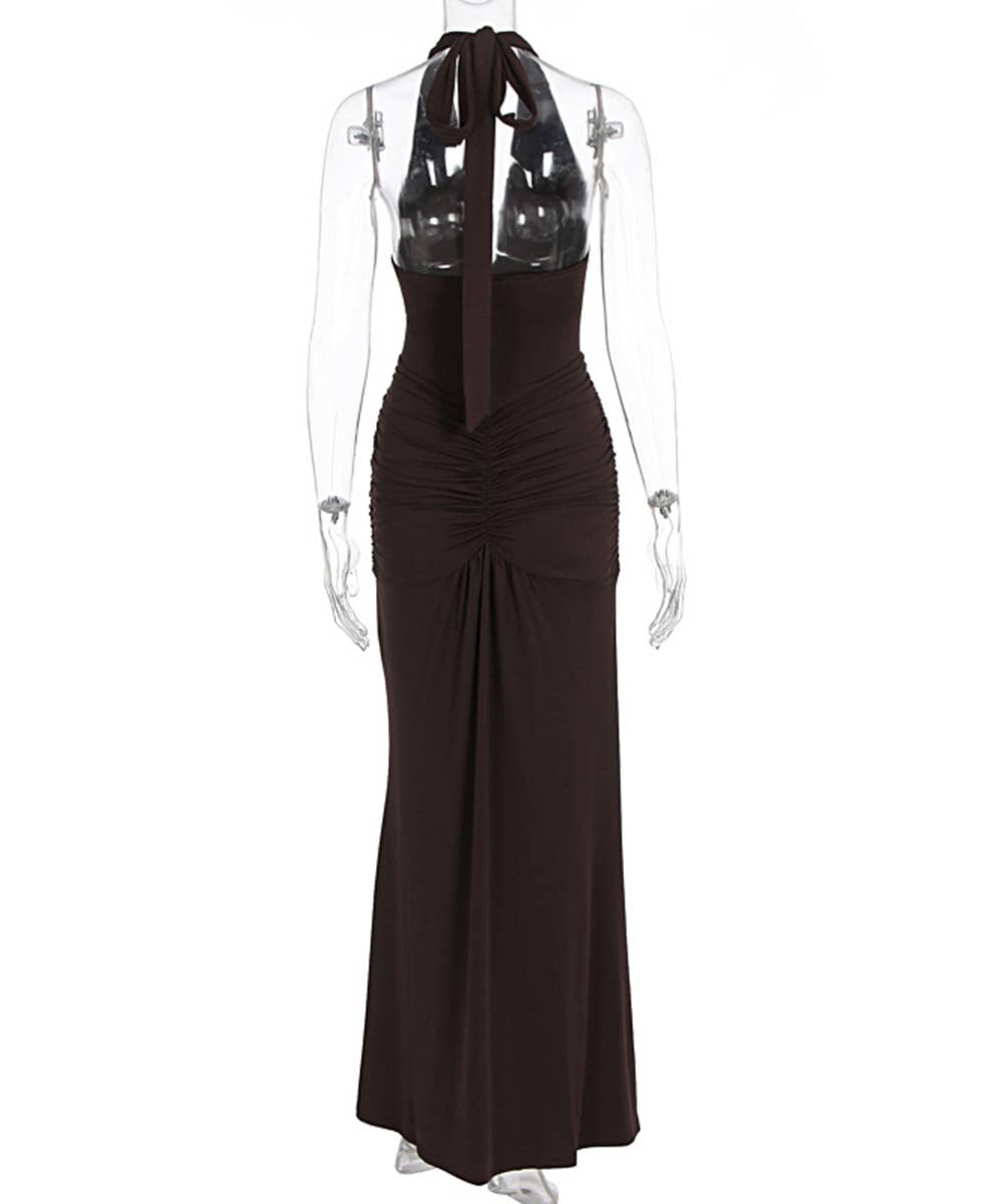 Ruched Plunge Halter Maxi Dress with Side Ruched Details: Brown