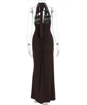 Ruched Plunge Halter Maxi Dress with Side Ruched Details: Brown
