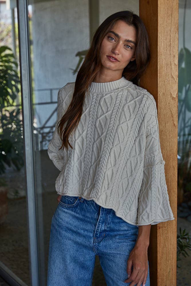 Knit Cable Sweater Cotton 3/4 Sleeve Pullover: Natural
