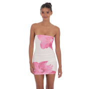 Floral Mesh Strapless Bodycon Dress in White