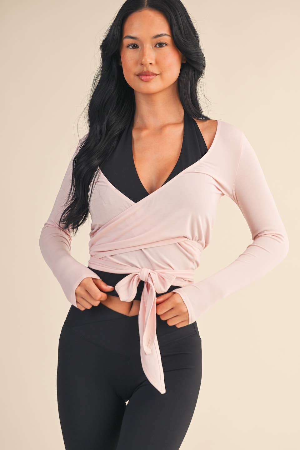Long Sleeve V Neck Wrap Top: White