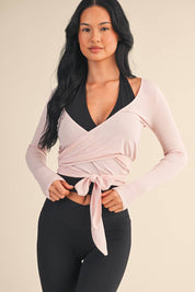 Long Sleeve V Neck Wrap Top: White