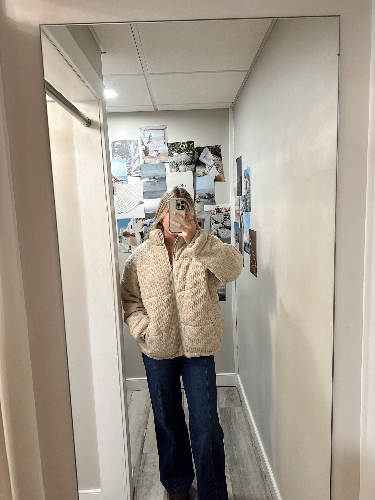 Quilted Puffer Bomber in Beige