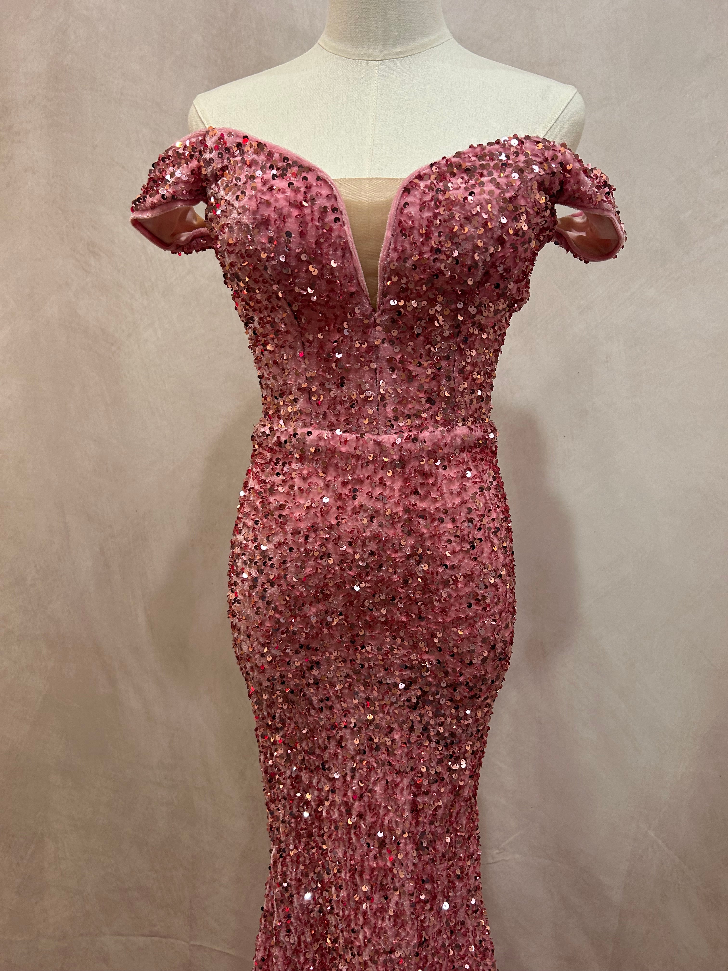 Noelle Gown #2383 Velvet Sequin Pink