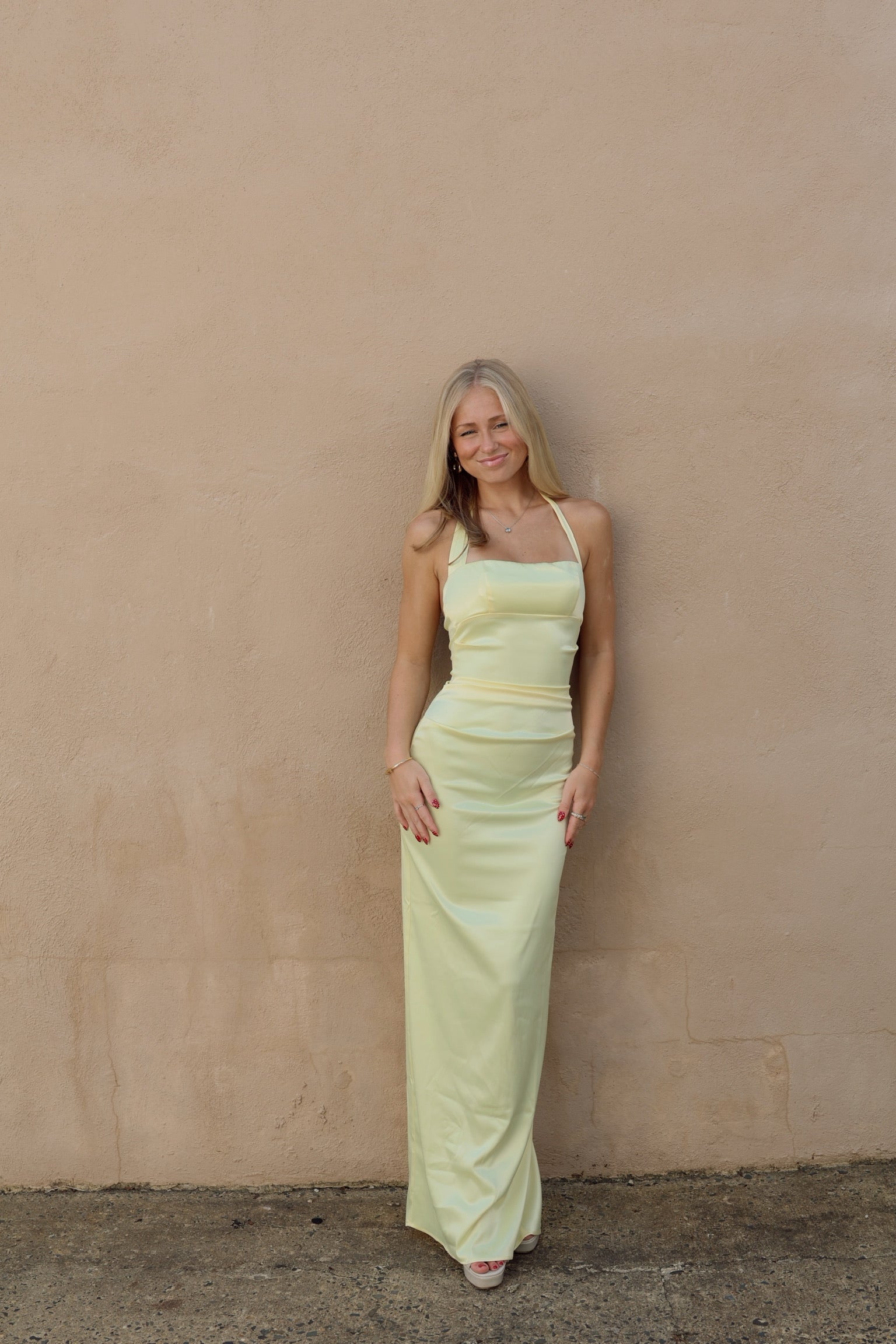 Satin Halter Maxi Dress in Yellow