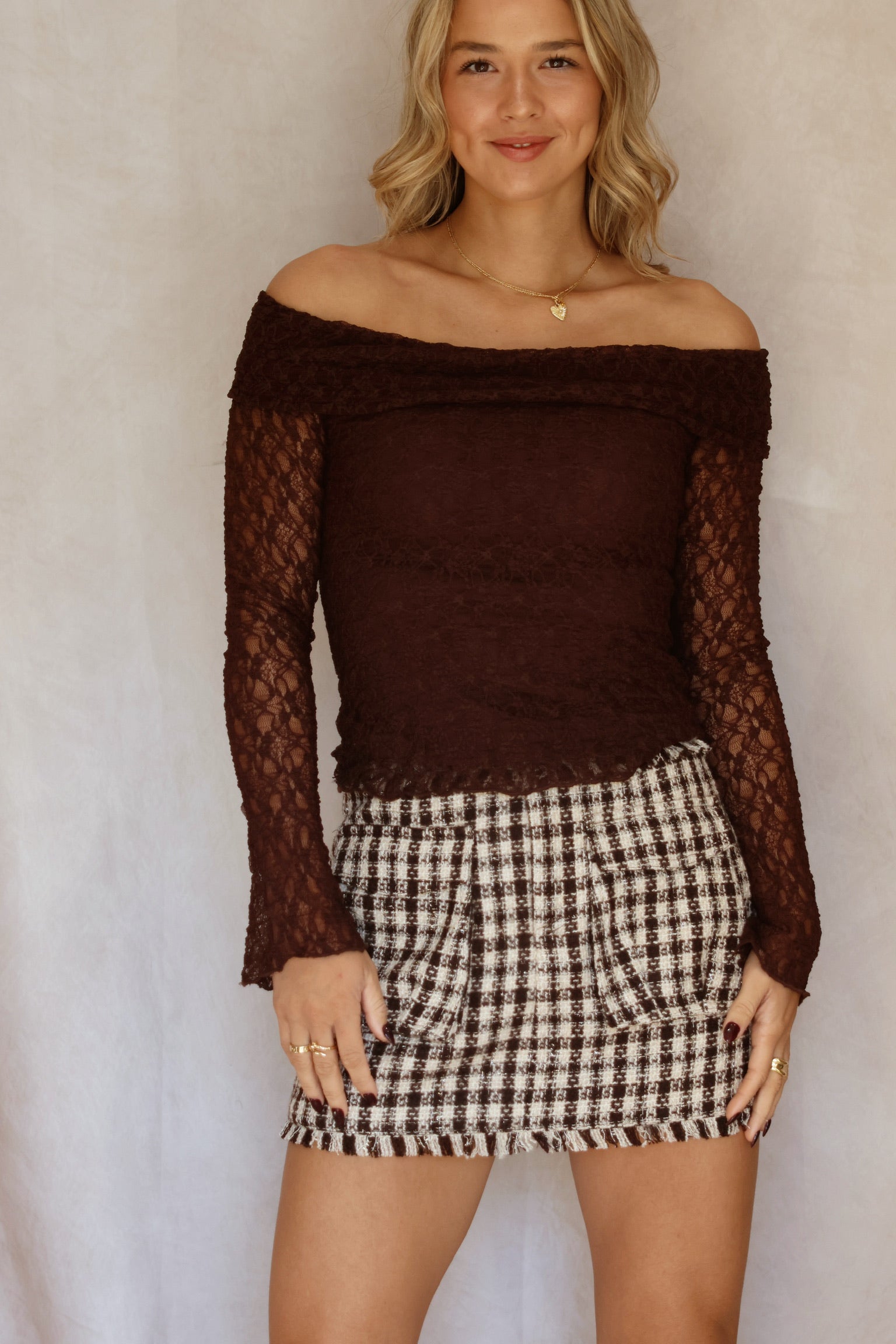 Rafaela Off The Shoulder Lace Top Brown